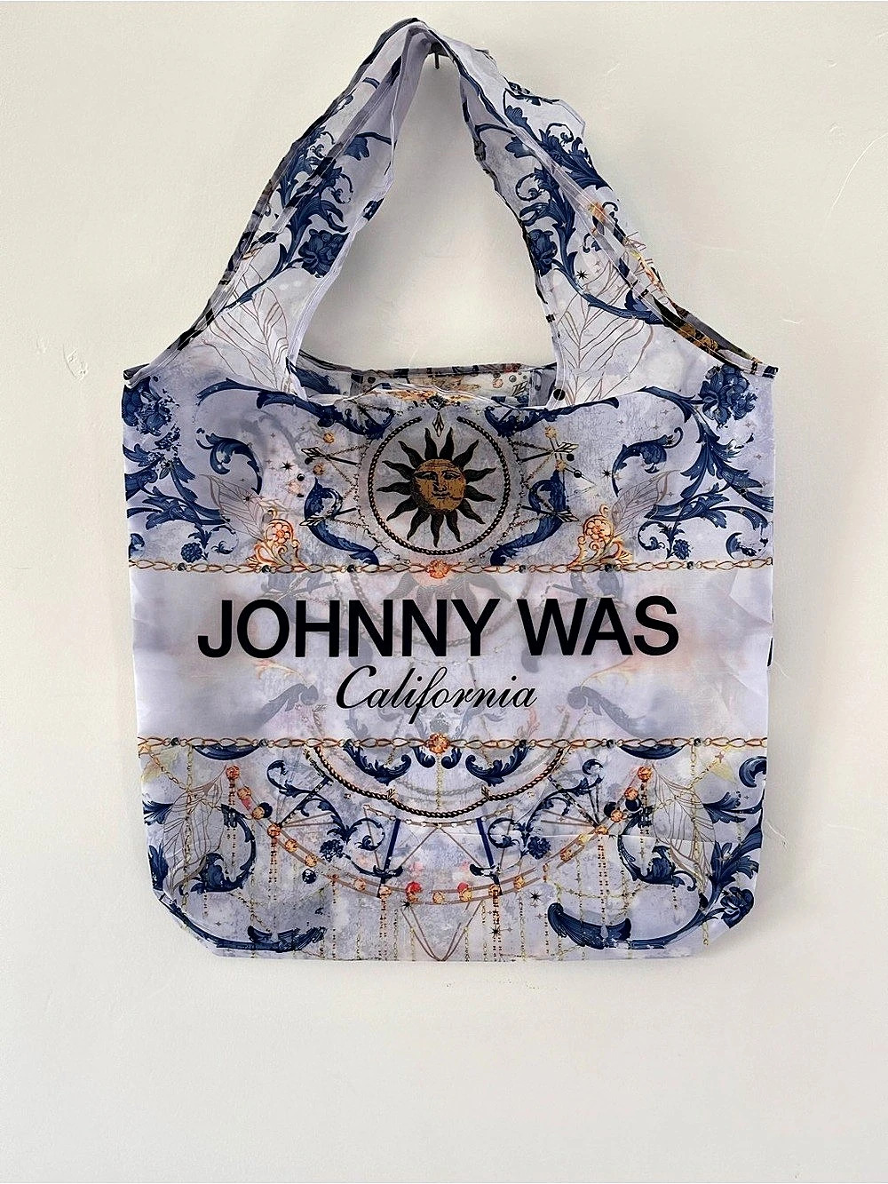 Johnny Was California Reusable Foldable Nylon Tote Bag Blue & White